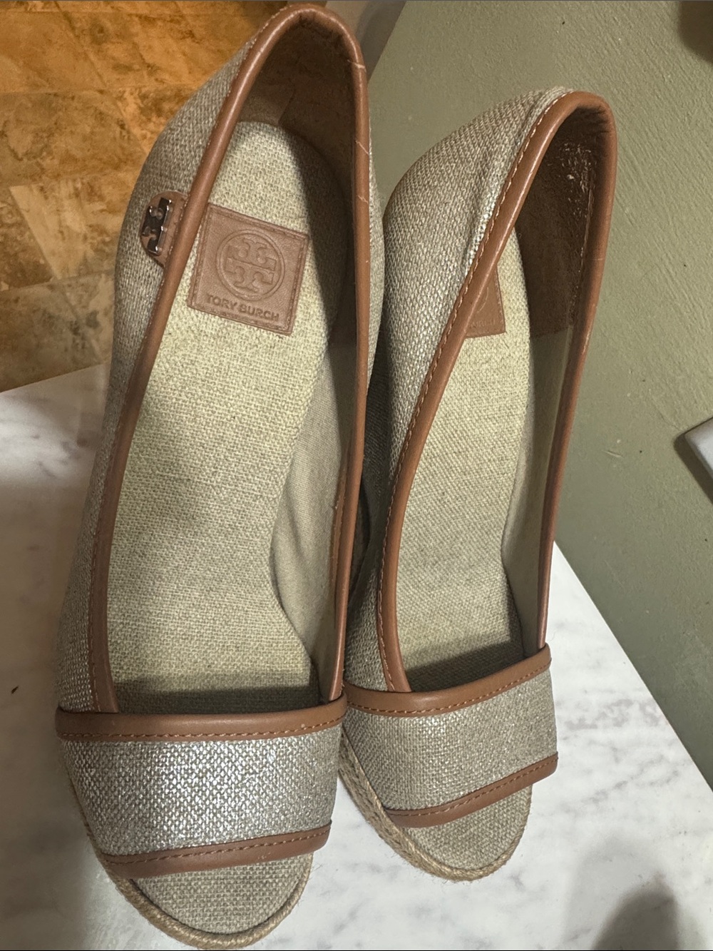 Tory Burch Beige Canvas Wedge Espadrilles with Brown Trim